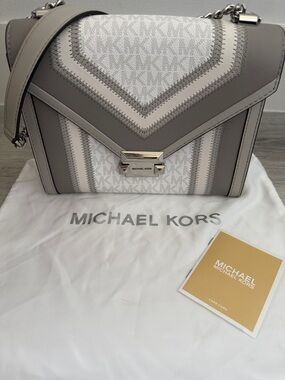 Michael Kors Gray & White MK Logo Crossbody Shoulder Bag Silver Chain New